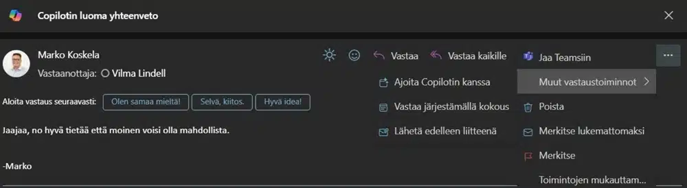 Valitse "Ajoita Copilotin kanssa" -toiminto luodaksesi sähköpostiketjusta kokouskutsun.