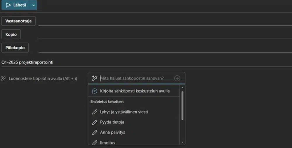 Copilot tarkistaa sähköpostiviestien kieliasun ja antaa parannusehdotuksia viestin tyyliin Outlookissa.